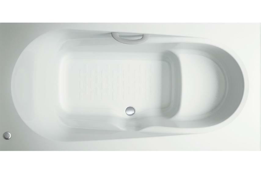 【エコベンチ浴槽】  全身浴と半身浴ができる高い機能性と、満水容量を35リットル削減して水道・光熱費を節約。デザインとエコ性能を両立させた浴槽です。