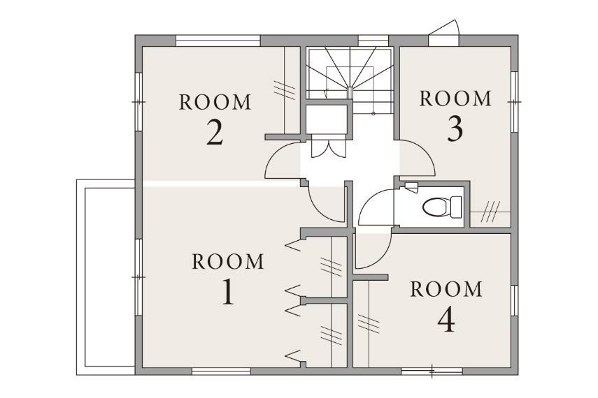 【自由に使える2階4部屋設計】  居室が4部屋分確保できる2階プランニング。家族それぞれのプライベートタイムを満喫できるほか、書斎やアトリエ、ホビールームなど自由な使い方ができるので、家族ごとに異なるライフスタイルにもぴったり寄り添います。