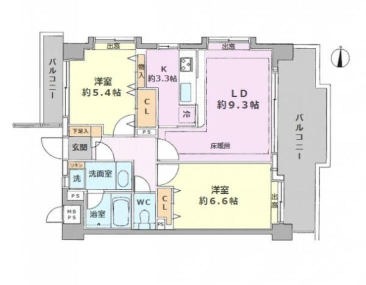 間取り図 ■6階建て3階部分の東×北角住戸で採光・通風良好　■専有面積:55.37平米の2LDK