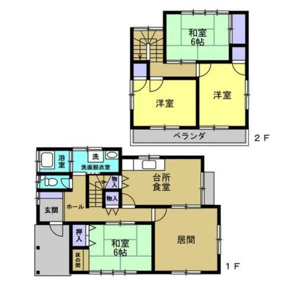 間取り図 【間取り図】間取りは5DKの二階建てです。1階に和室1部屋、洋室1部屋とキッチン、2階は和室1部屋と洋室2部屋となっております。