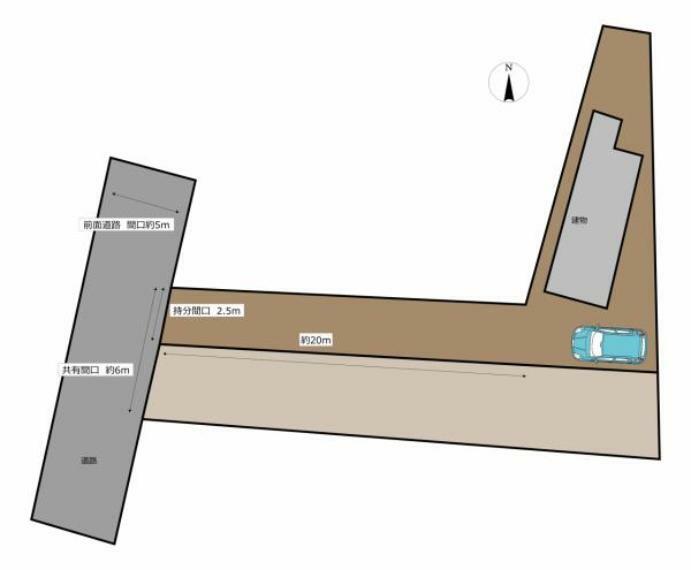 【区画図】敷地と道路の位置関係を表した図です。外階段近くに1台、進入路部分に1～2台停められます。