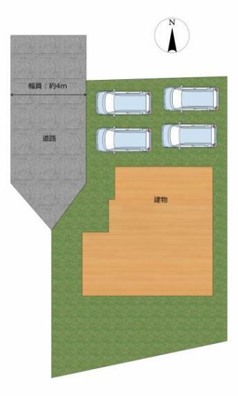 区画図 【区画図】駐車場は、車種にもよりますが縦並列4台駐車可能です。来客時も困りませんね。