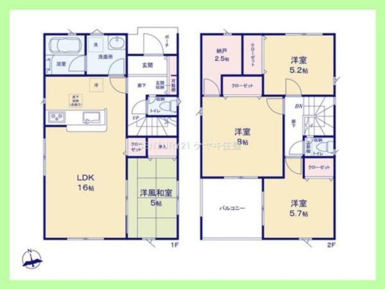 間取り図 4SLDK。土地122.65平米（約37.1坪）建物95.98平米（約29.03坪）。収納豊富な全室収納付き。16帖のLDKは、ご家族が自然と集まる空間です。リビングには床暖房完備。
