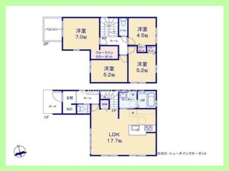 間取り図 4LDK。土地101.55平米（約30.71坪）建物96.05平米（約29.05坪）。収納豊富な全室収納付き。17.7帖のLDKは、ご家族が自然と集まる空間です。