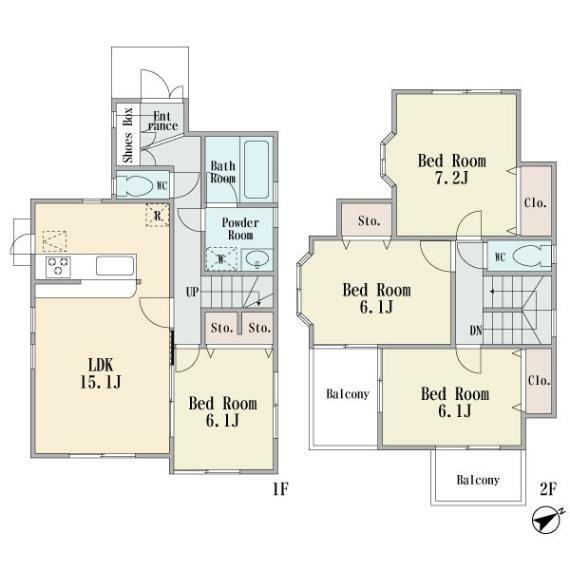間取り図 ファミリー世帯におすすめの4LDK。全居室6帖以上の為、LDKでも居室でもゆったりとお過ごしいただけます。バルコニーは2部屋から行き来でき大変便利です。駐車スペースは車種によりますが並列2台可です。