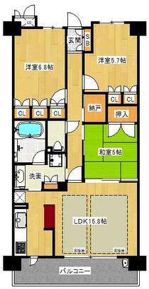 3LDK　専有面積77.47平米　バルコニー面積12.8平米