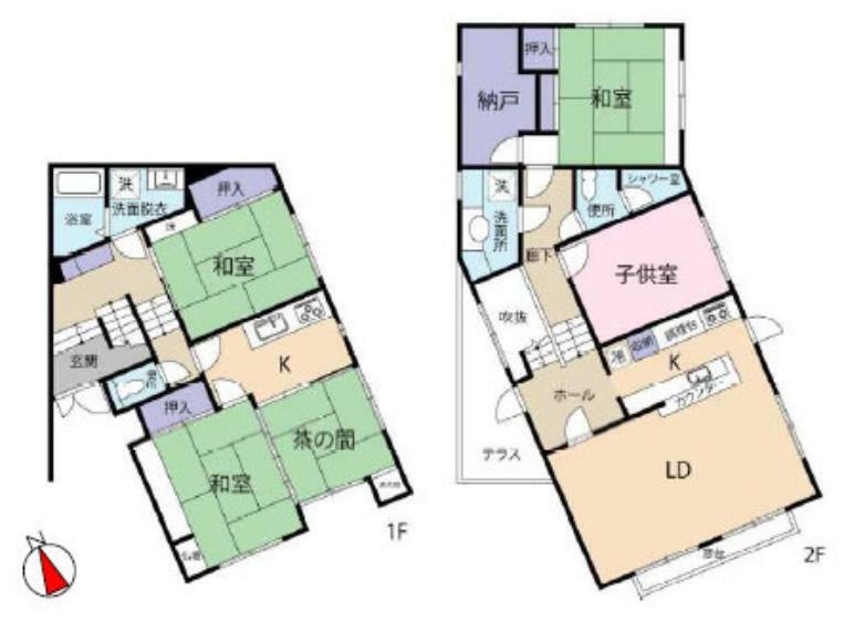 間取り図 1階と2階にキッチン、トイレ、洗面台、浴室（2階シャワー室）がある5LDKで二世帯住宅としても可能です。