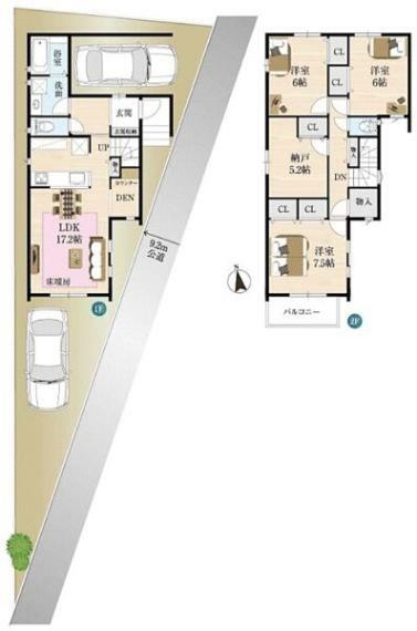 間取り図 対面式キッチン採用のLDKはゆとりある17畳超全居室収納付きで住空間広々カースペースは2台分駐車可能です
