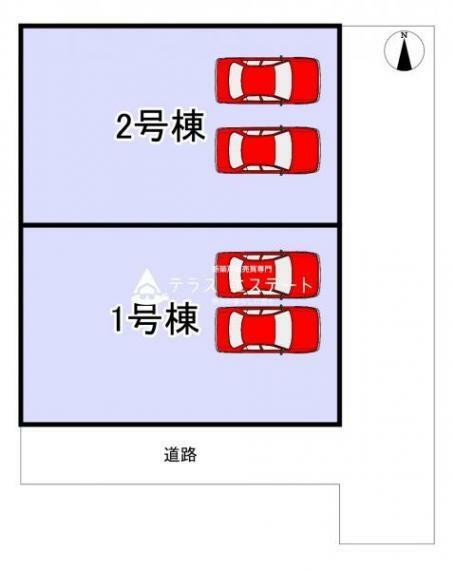 区画図 1号棟:配置図になります。2台駐車可能です。