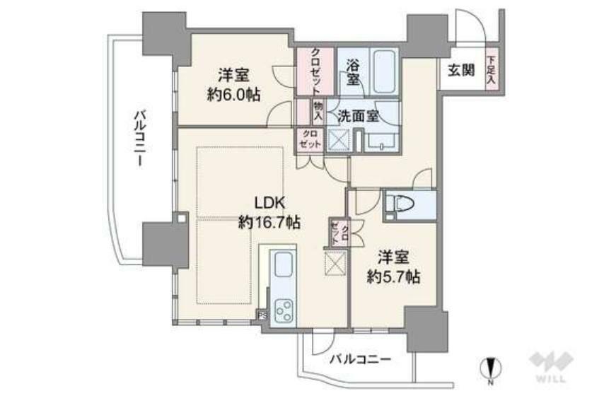 間取り図 66.63平米の2LDK。全居室洋室仕様のプラン。LDKは二面採光で開放感があります。キッチン横に勝手口あり。外から中が見えにくいよう、玄関から室内への動線がクランク状になっているのもポイントです。