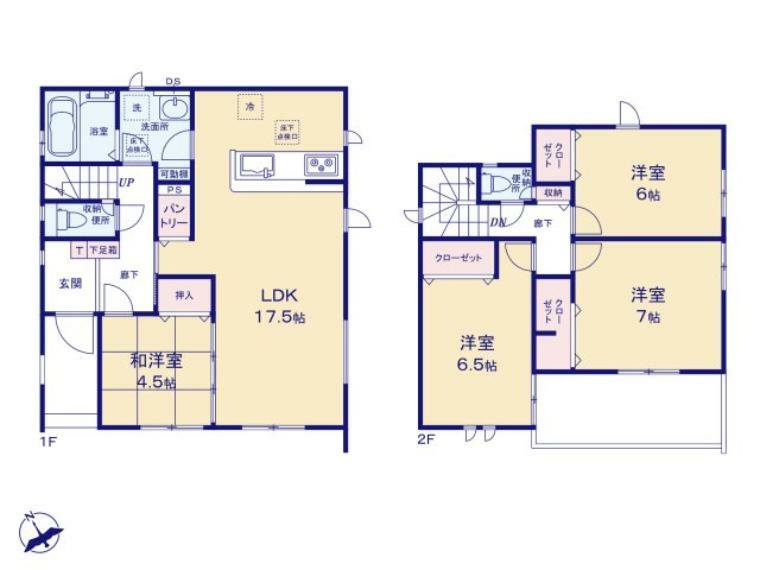 間取り図 広いLDK17.5帖はご家族の共有スペース。 2階3部屋は全室6帖以上のゆとりある間取りでご家族それぞれのお時間も大切に出来ます。