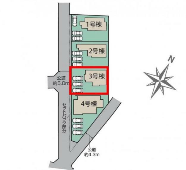 区画図 3号棟:配置図です。敷地内に並列3台駐車可能です。