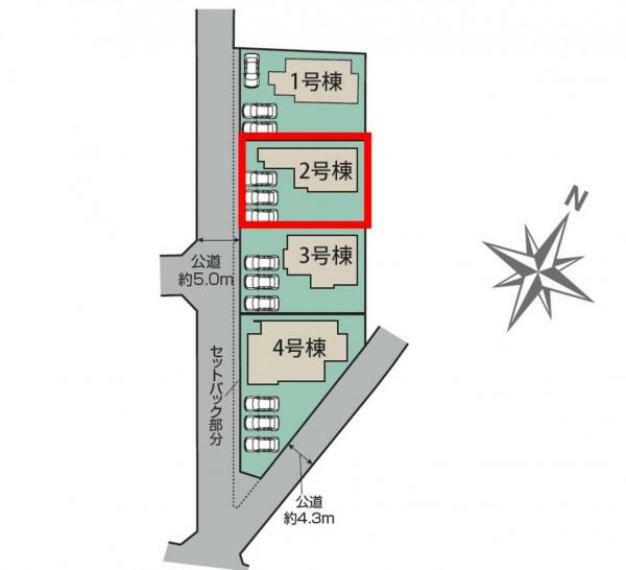 区画図 2号棟:配置図です。敷地内に3台駐車可能です。