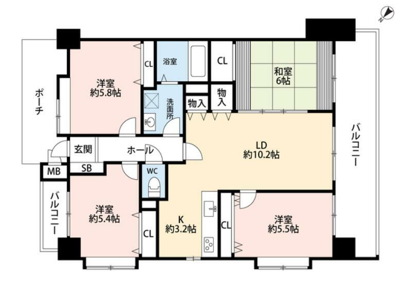 間取り図 2面バルコニーで明るい空間＾＾洋室が3部屋あるので、お子様が大きくなっても安心ですね。リビングには便利な収納付きです。