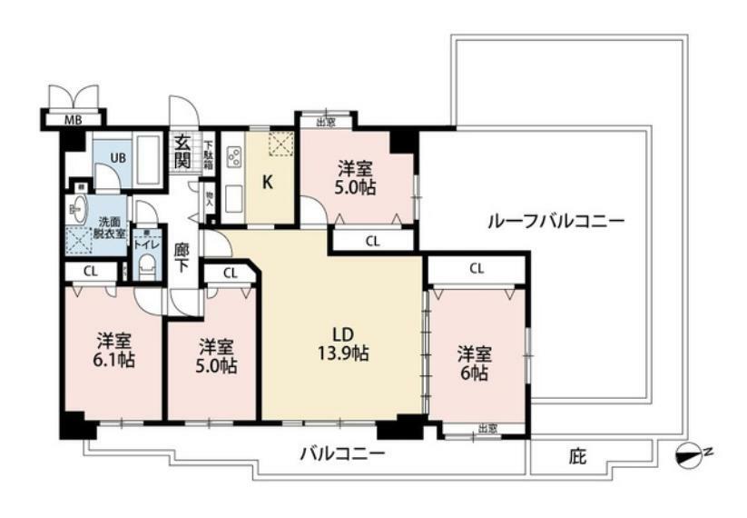 間取り図 全室バルコニーに面しており、陽当たり良好。居間と隣接する洋室を合わせると約20帖の大空間になります。