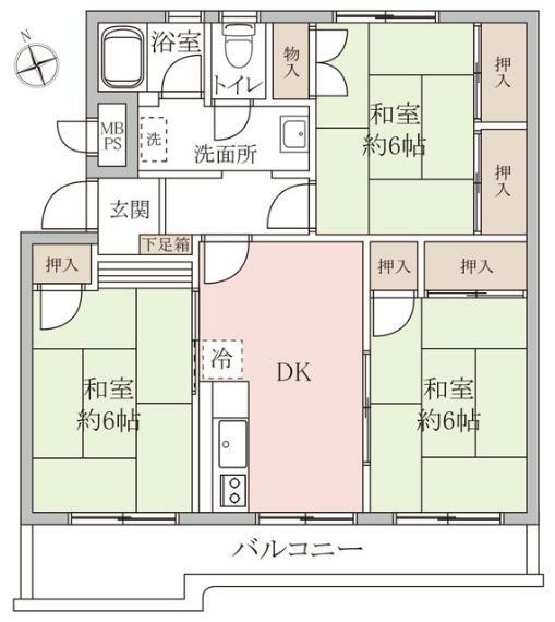間取り図 南西向き3DK。全居室6畳以上。全居室収納スペース付で住空間もスッキリ広々。