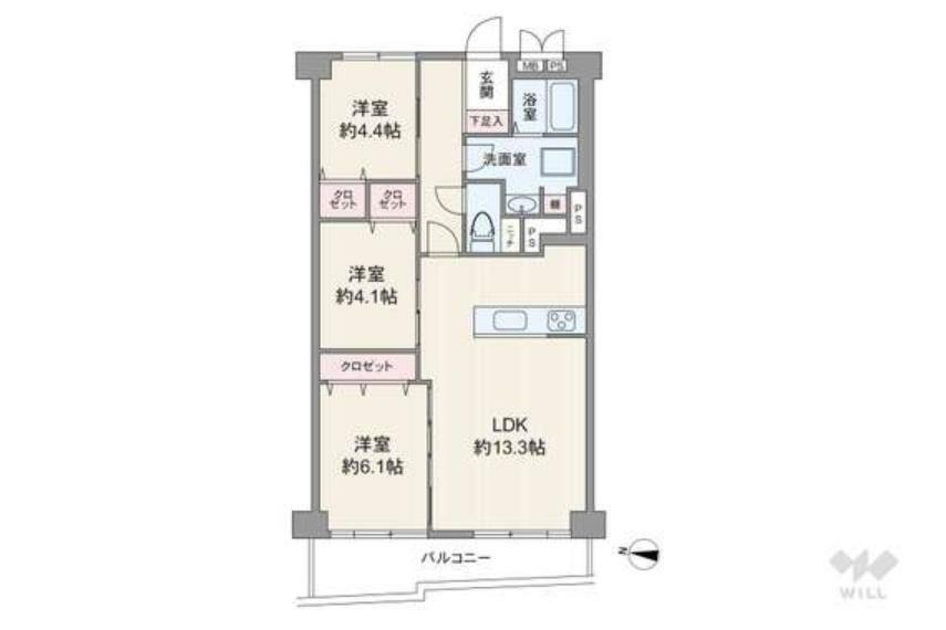 間取り図 全居室洋室仕様の縦長リビングプラン。個室3部屋中2部屋はLDKから出入りします。バルコニー側の洋室は、リビングとつなげて使うことも可能。バルコニー面積は7.79平米です。