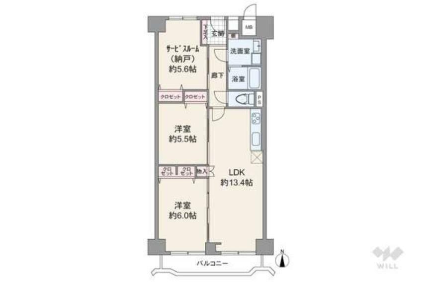 間取り図 間取りは専有面積68.32平米の2SLDK。縦長のLDKと個室2部屋が続き間になったプラン。引き戸の開閉で空間を広く使ったり区切ったり出来ます。サービスルームを含む全居室に収納スペースあり。