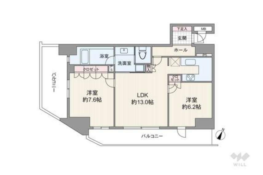 間取り図 間取りは専有面積62.11平米の2LDK。LDKを含む全居室が二面のバルコニーに面した、大変開放感のあるプラン。廊下部分が短く、居室スペースが広く確保されています。