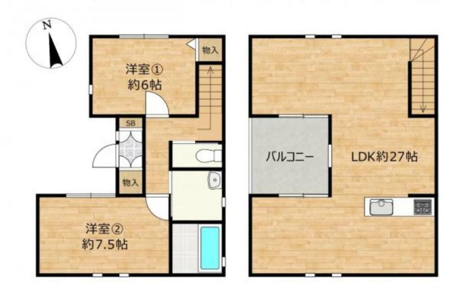 間取り図 【間取図】2階にキッチンがあり、充実のリビング・ダイニング空間がとれたお家です。LDKが2階にあると人目にもつきにくくプライバシーが保たれます。またインナーバルコニーからの採光がとれるLDKです。1階に2部屋あるのは建売新築にない間取りですね。