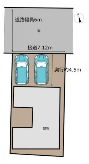 区画図 【区画図】普通車2台並列駐車可能です。前面道路が幅員6mと広いため車の出入りが容易です。