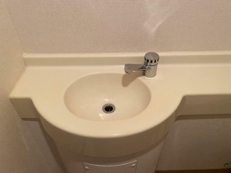 シンプルで機能的なミニ手洗い場付きカウンターのあるトイレ