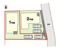 【1号棟区画図】土地面積155.29平米（46.97坪）・駐車2台可能（車種によります）