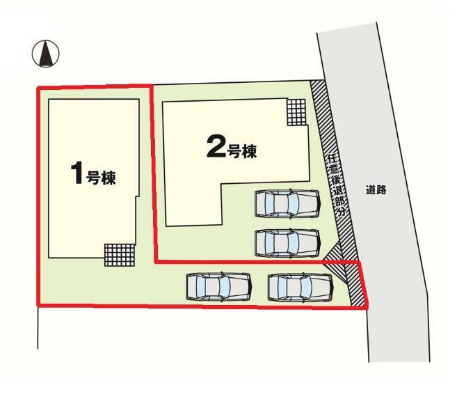 区画図 【1号棟区画図】土地面積155.29平米（46.97坪）・駐車2台可能（車種によります）
