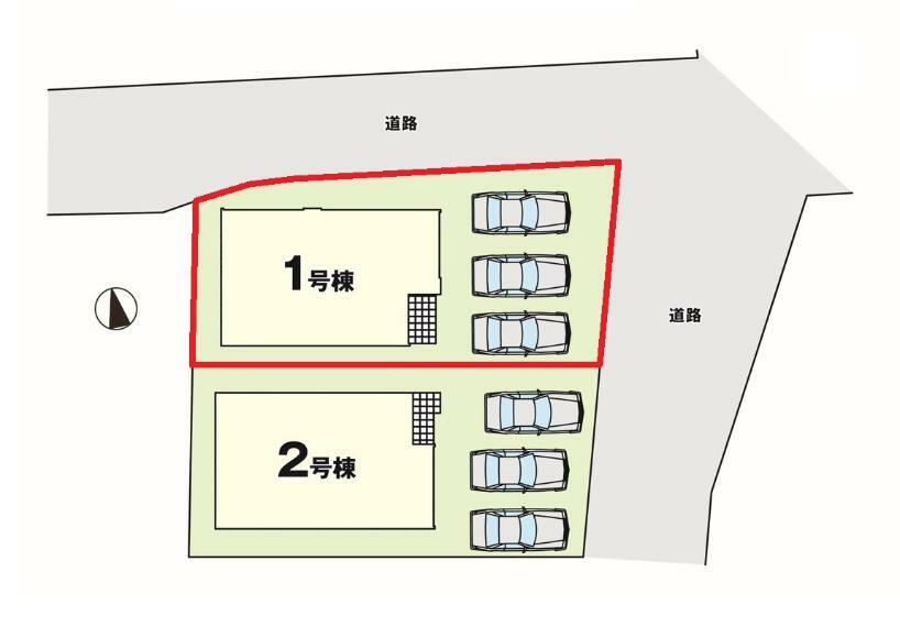 区画図 【1号棟区画図】土地面積154.41平米（46.70坪）・駐車3台可能（車種によります）
