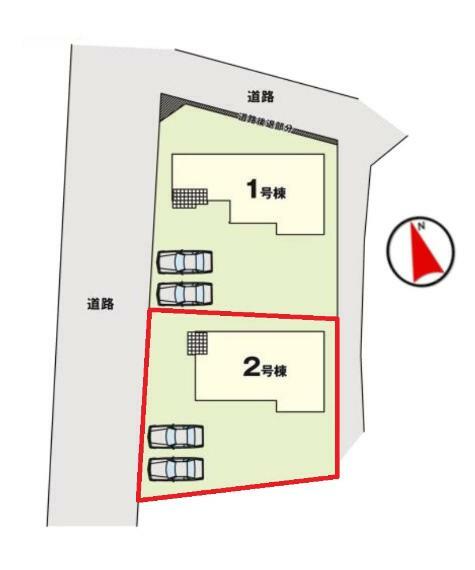 区画図 【2号棟区画図】土地面積212.90平米（64.40坪）・駐車2台可能（車種によります）
