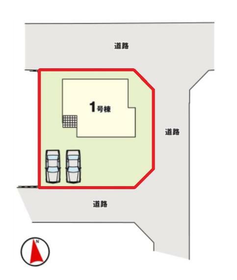 区画図 【1号棟区画図】土地面積211.39平米（63.94坪）・駐車2台可能（車種によります）