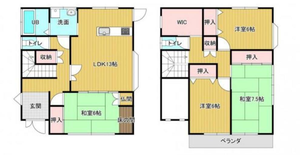 間取り図 【間取り図】1階に13帖リビングと6帖和室が1部屋、2階に6帖洋室が2部屋、7.5帖和室が1部屋の4SLDKになります。