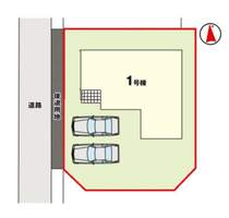 【1号棟区画図】土地面積177.37平米（53.65坪）・駐車2台可能（車種によります）