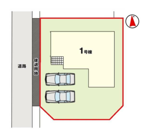 区画図 【1号棟区画図】土地面積177.37平米（53.65坪）・駐車2台可能（車種によります）