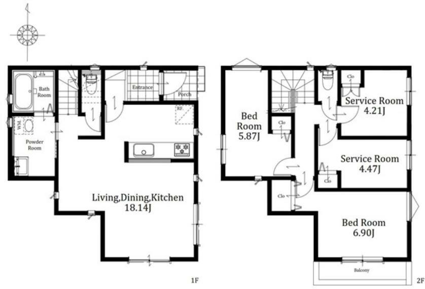 2号棟: LDKと居住スペースの階層を分けることでお互いのプライバシーをしっかり確保できます全居室収納付きでお部屋をすっきりご使用いただける新築戸建です