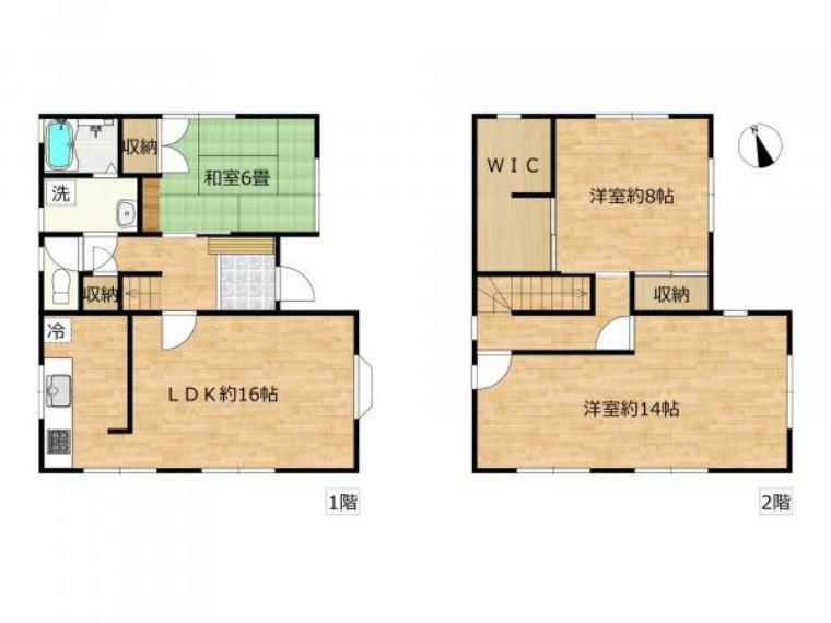 間取り図です。2階洋室約14帖は入口が2カ所あるので、二部屋に分けることもできます。