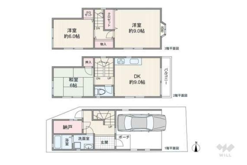 間取りは延床面積94.77平米（車庫全室6帖以上の広さがあり、2面採光を確保。全個室・3階廊下のクロゼットや物入、1階の納戸など収納スペースが充実しています。