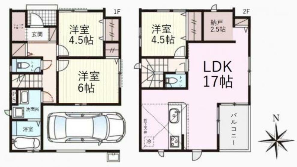 間取り図 建物面積:96.88平米（車庫部分12.42平米含む）、3LDK＋納戸