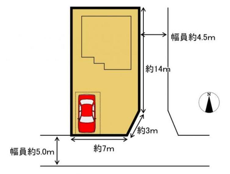 【区画図】前面道路は約5mあり、交通量も少ないので、駐車が苦手な方でもスムーズに駐車ができます。ビルトインガレージに普通車1台駐車可能です。