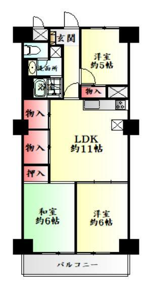 八本松マンション(3LDK) 12階の間取り