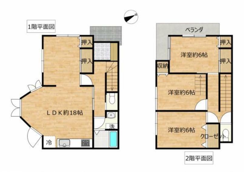 【間取り図】1階に和室と12帖のLDKがある4LDKの間取りの内です。2階は収納つきのお部屋が3部屋あります。ファミリー世帯の皆様もご夫婦様にも使いやすい間取りです。