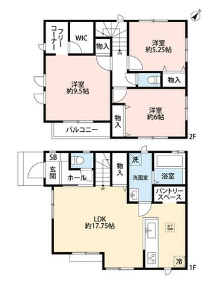 間取り図 1階は17.75帖のLDKに収納やパントリー確保＾＾ 2階には3洋室、主寝室は9.5帖の広さ＆フリーコーナー・WIC付き＾＾