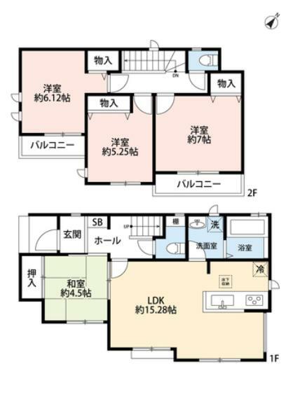 間取り図 1階はLDKと隣接する和室を合わせると19帖以上の空間＾＾ 2階は3洋室、バルコニーは2ヶ所に＾＾