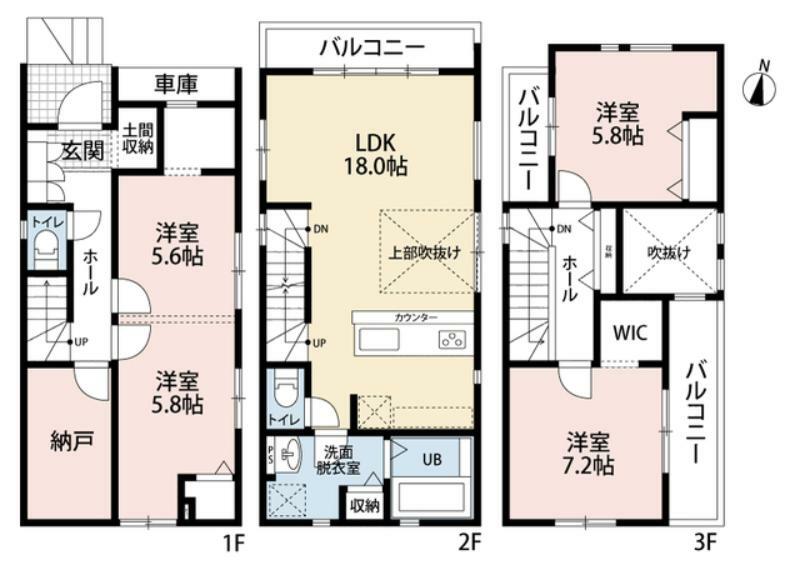 間取り図 3階建3LDK＆納戸付き。 1階は広々とした洋室は2ドア1ルーム仕様＾＾ 2階LDKはダイニング上部吹抜け＾＾