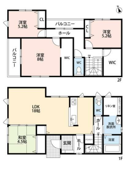 間取り図 LDKと和室を合わせると22帖以上の大空間となります。バルコニーは2か所あり、用途別に使い分けが出来ます。収納箇所も豊富で便利。