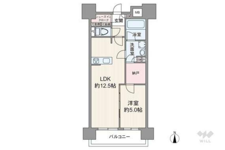 間取りは専有面積42.76平米の1LDK。LDKと洋室をつなげて使えるプラン。キッチンと洗面室（洗濯機置場）の行き来がしやすく、家事動線に優れています。収納力の高い玄関収納も魅力。