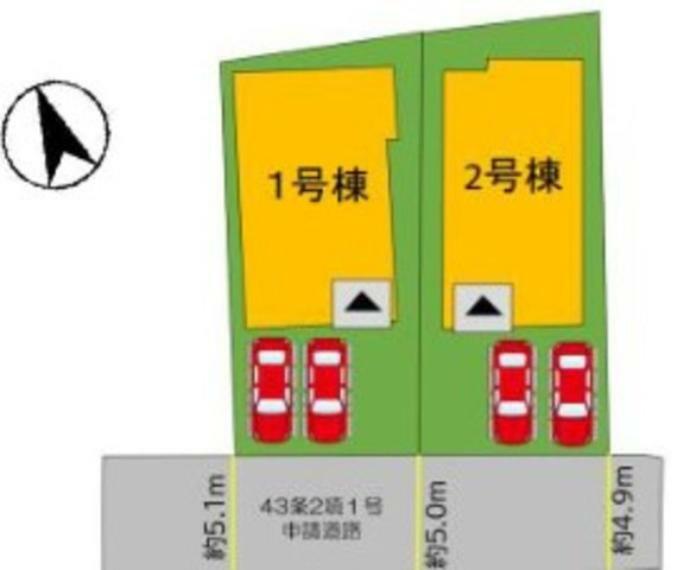 区画図 2号棟。全棟カースペースは停めやすい並列駐車2台付き。
