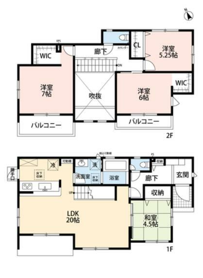 LDKと和室を合わせると約24帖の大空間となります。居室収納に加えてキッチンや玄関にも収納スペースを確保しています。