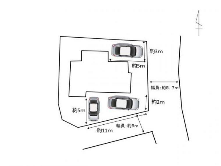 区画図 【区画図】庭側に駐車スペースを拡張して、計3台分の駐車スペース作成予定です。