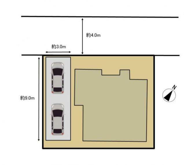 区画図 敷地面積は107.23平米（約32坪）です。駐車スペースは拡張工事を行って縦列2台に変更いたします。